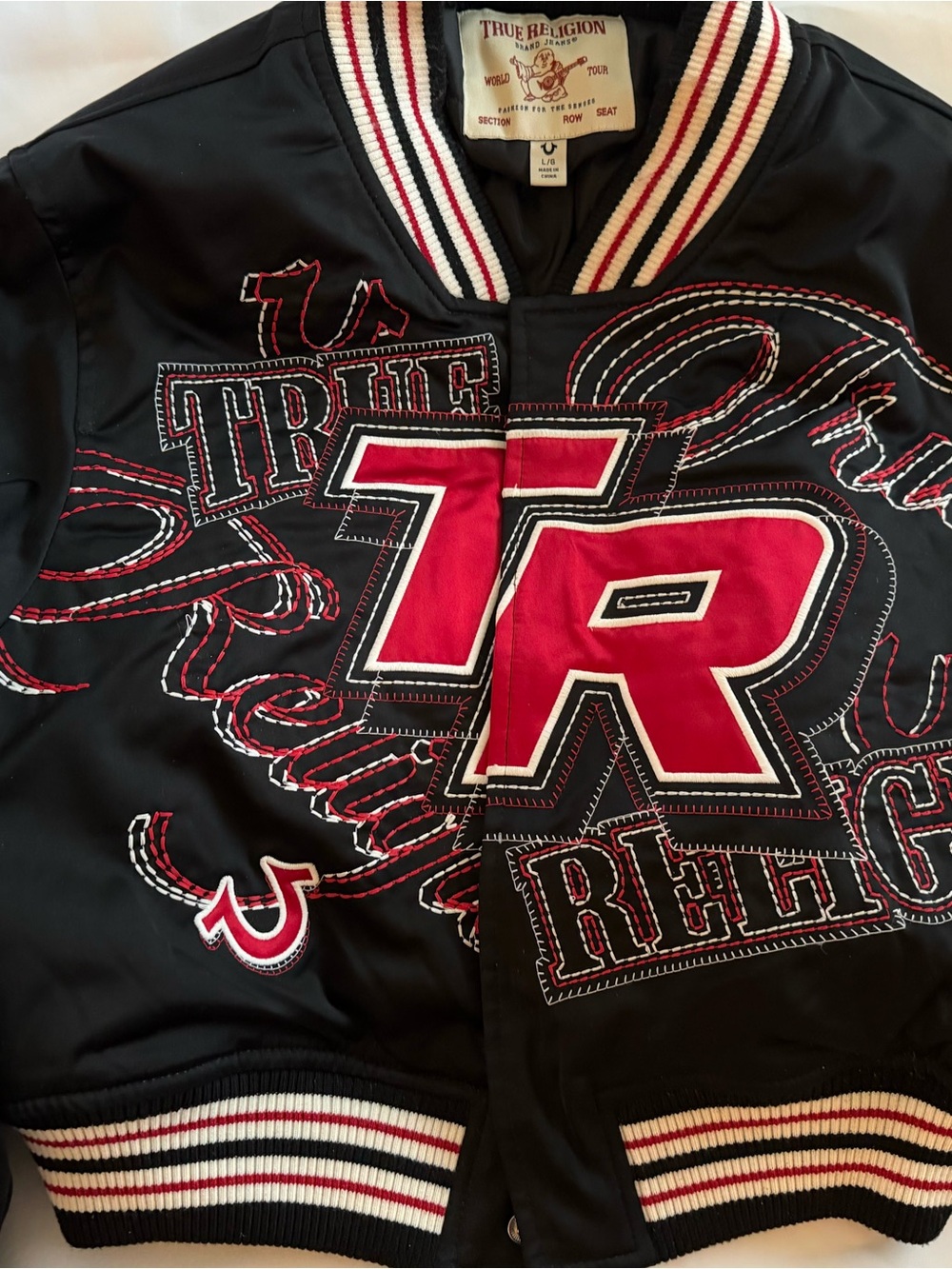 True Religion Black Bomber Jacket with Red & White Accents